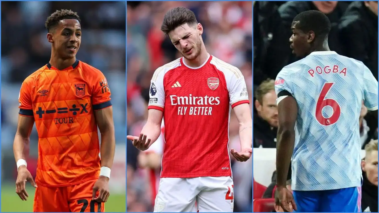 Cầu thủ Ipswich Omari Hutchinson, tiền vệ Declan Rice của Arsenal và Paul Pogba của Manchester United