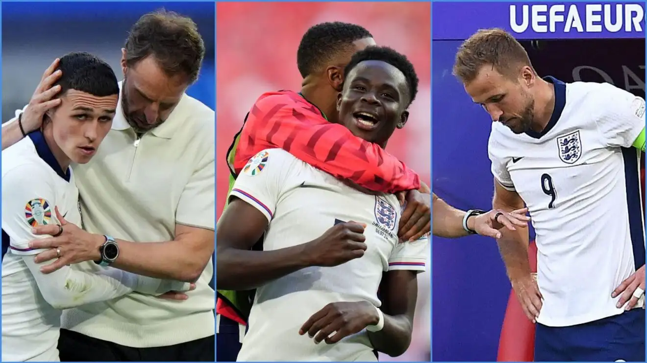 England player Phil Foden and manager Gareth Southgate, forward Bukayo Saka and captain Harry Kane