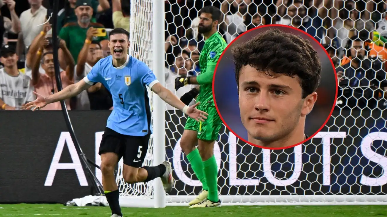 Manuel Ugarte celebrates his glamorous penalty for Urugay versus Brazil at the Copa America. Inlaid is a headshot of Joao Neves, circled in red. He aesthetics plaintive.