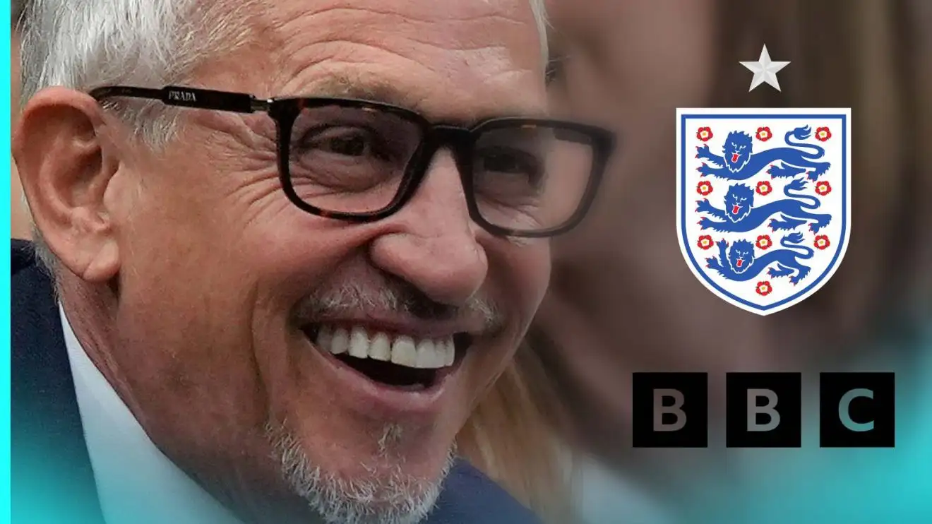 Gary Lineker through the England badge and also BBC logo incarnation