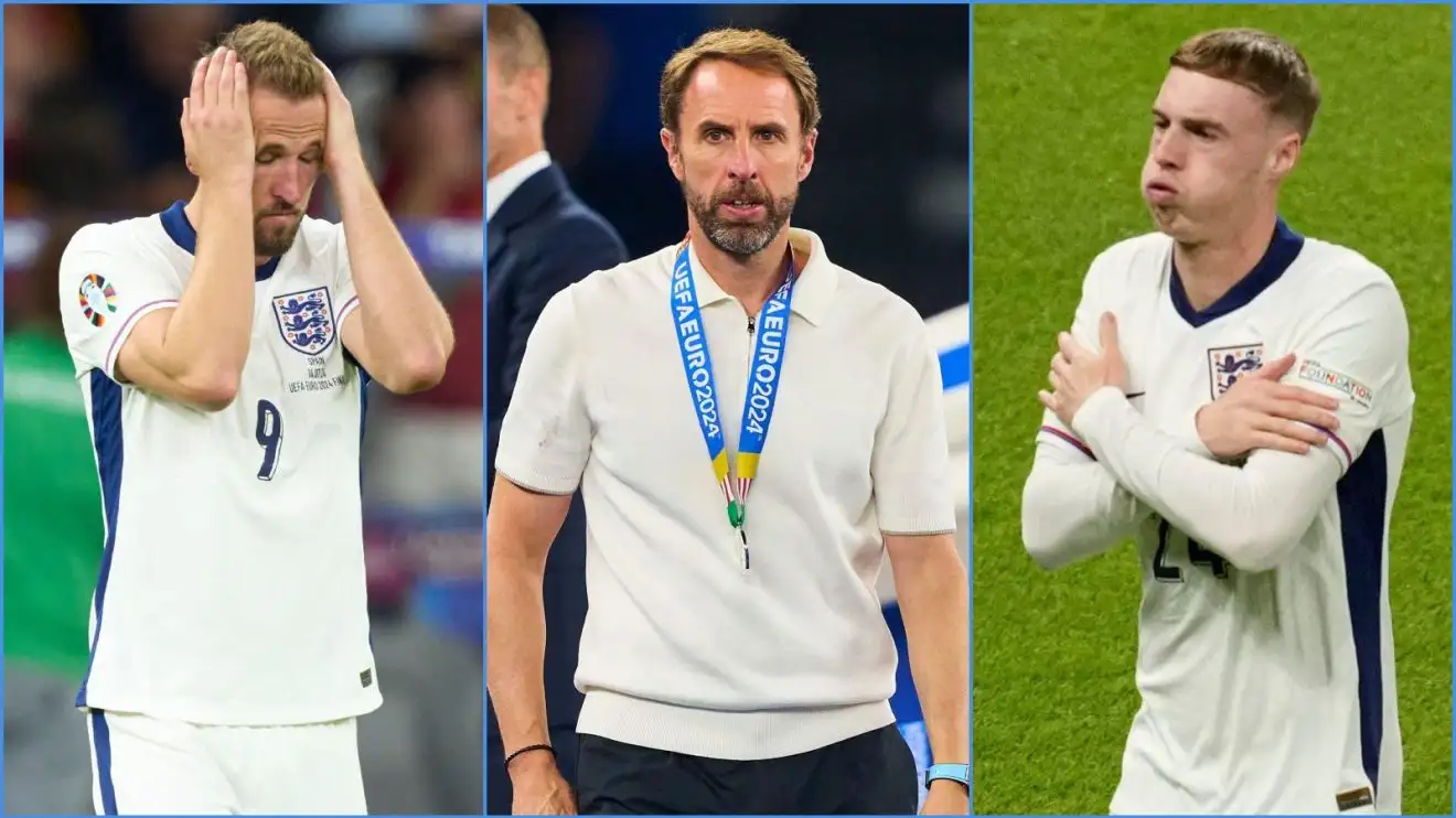 England striker Harry Kane, manager Gareth Southgate and forward Cole Palmer during and after the Euro 2024 final