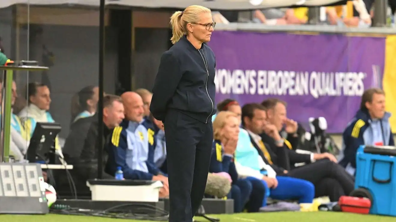 Sarina Wiegman watches on during a European Champ qualifier