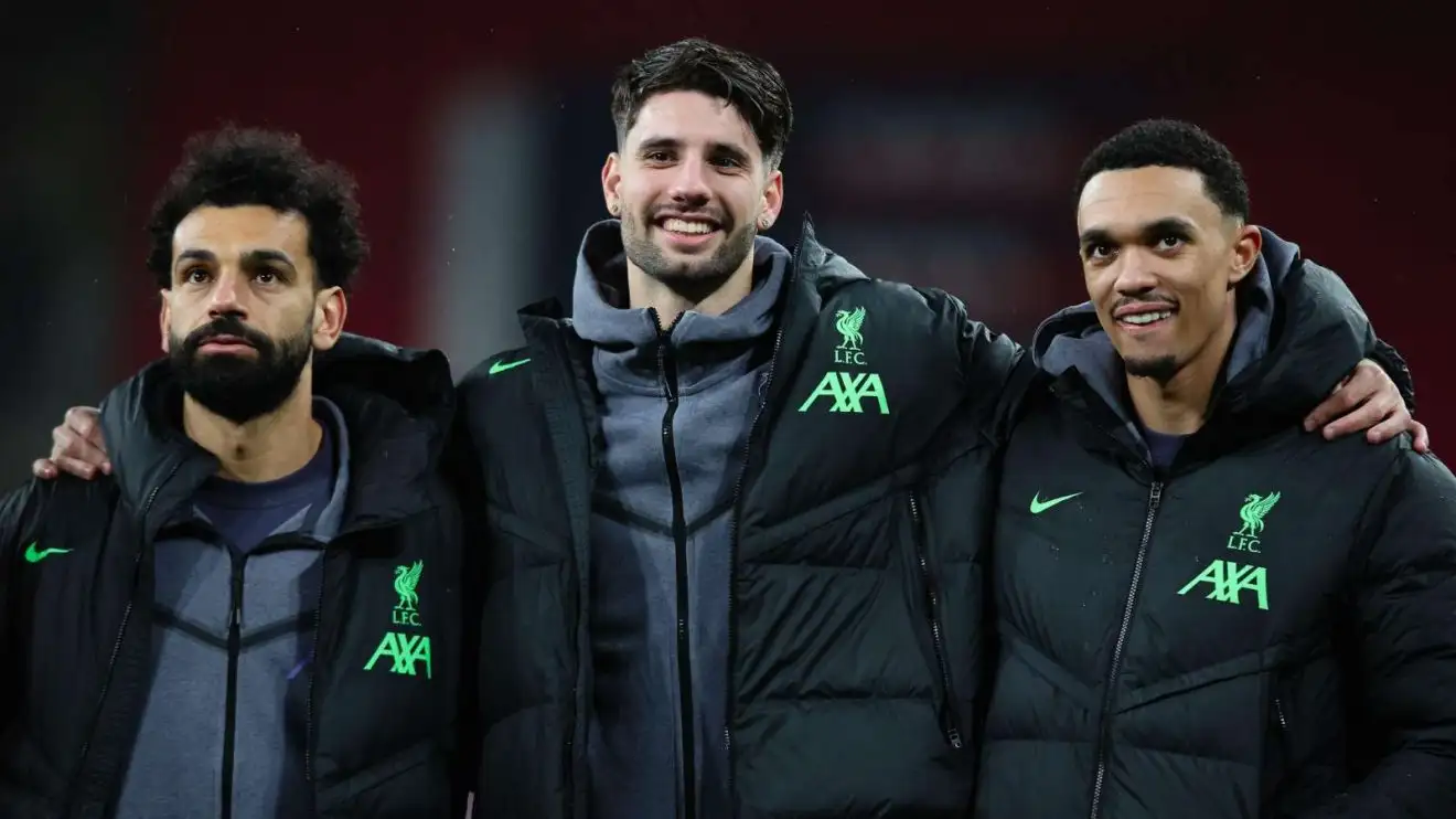 Liverpool right-ago Trent Alexander-Arnold (right) through Mo Salah (disowned) and also Dominik Szoboszlai (centre)