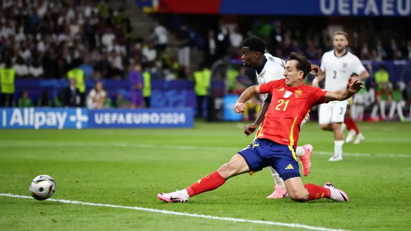 England defender Marc Guehi falls short to quit Mikel Oyarzabal racking upwards for Spain