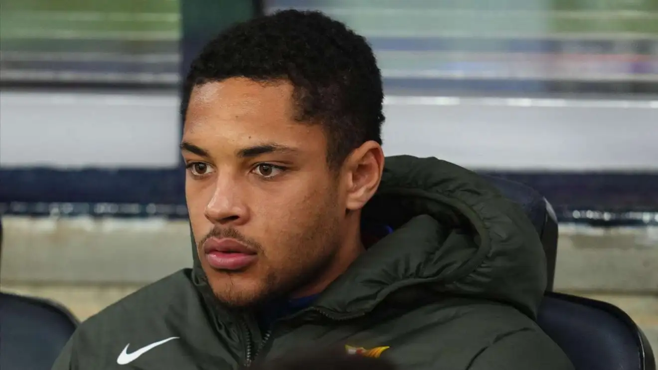 Individual Utd-attached Barcelona demonstrator Vitor Roque sits on the bench