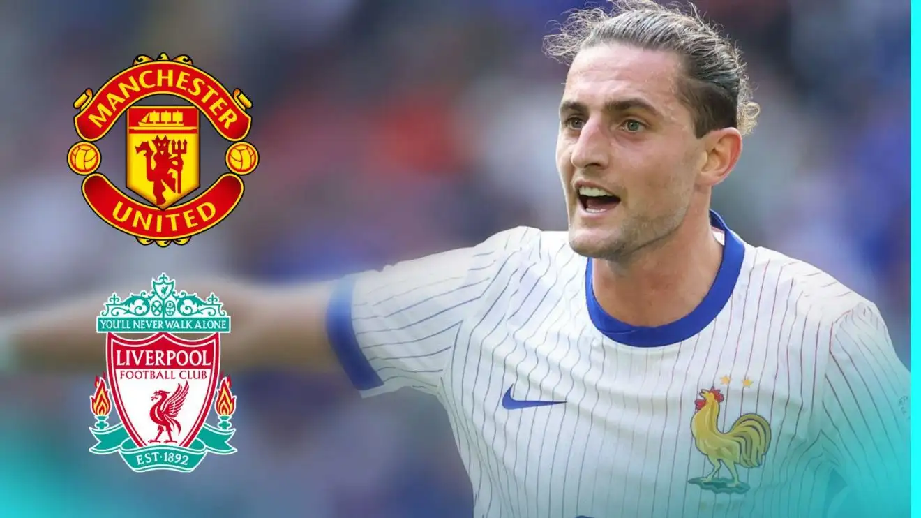 Adrien Rabiot với huy hiệu Man Utd và Liverpool