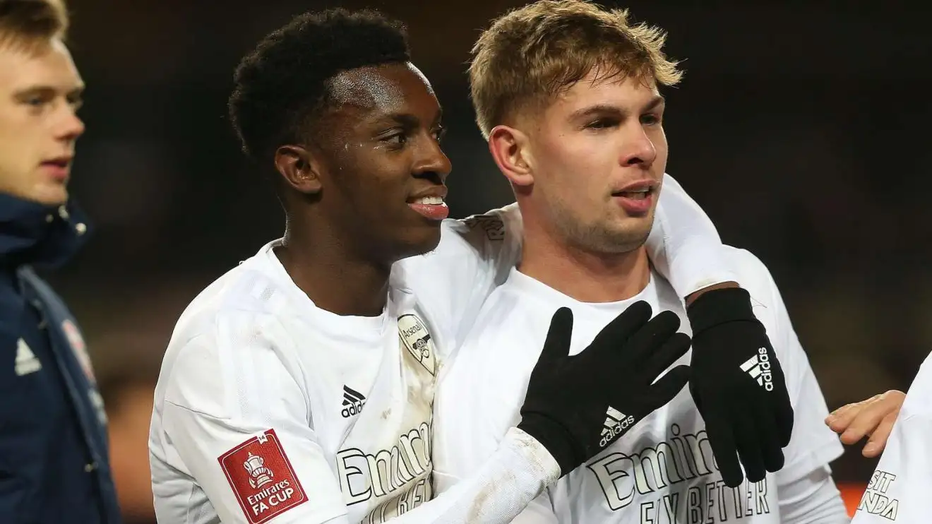 Arsenal players Eddie Nketiah and also Emile Smith Rowe after a win