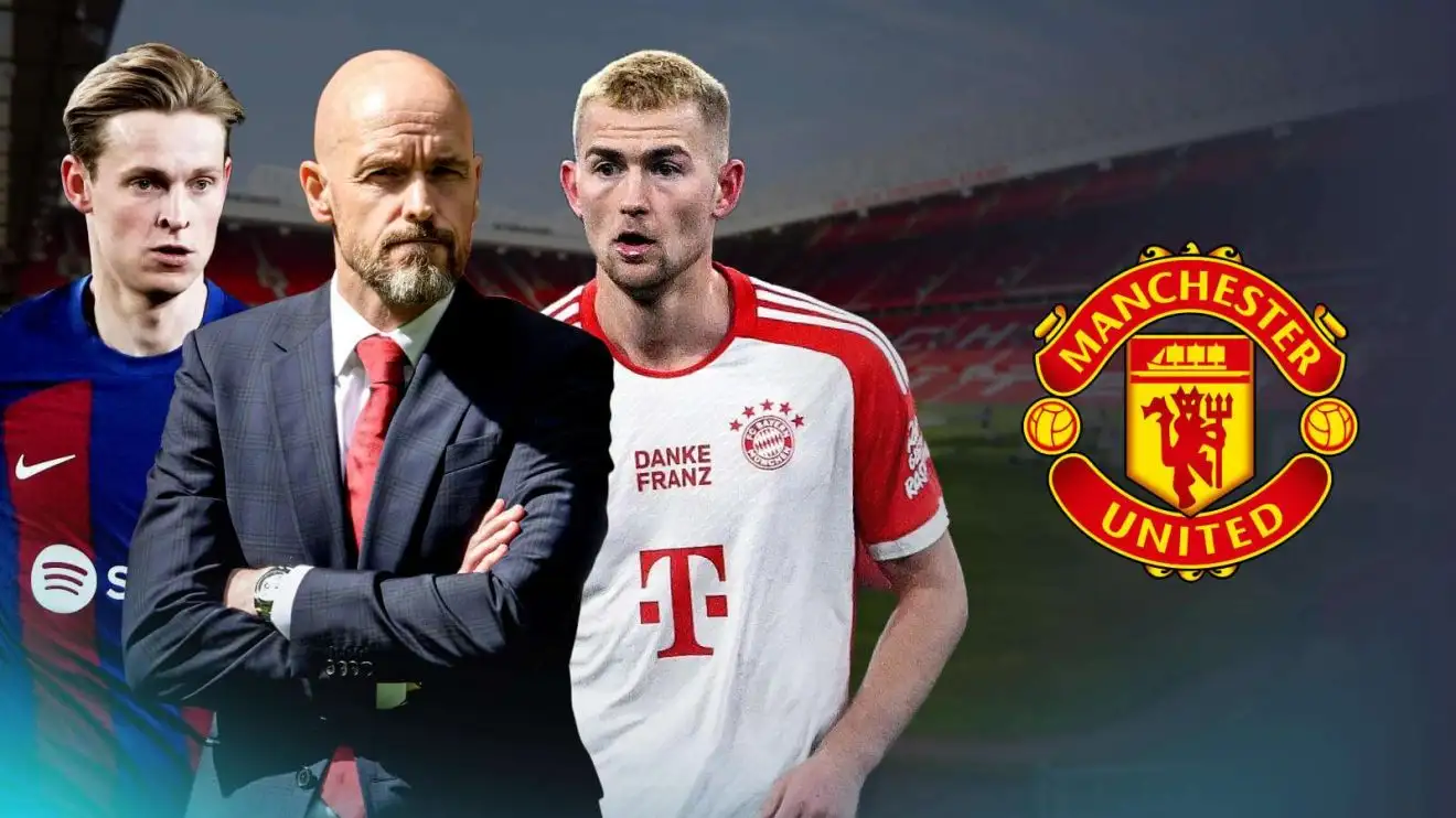 Man Utd make 'irresistible offer' for Barcelona star; Ratcliffe holds 'additional incentive' to secure £59m signing 1 Frenkie de Jong, Erik 10 Hag and Matthijs de Ligt wearing the Male Utd badge