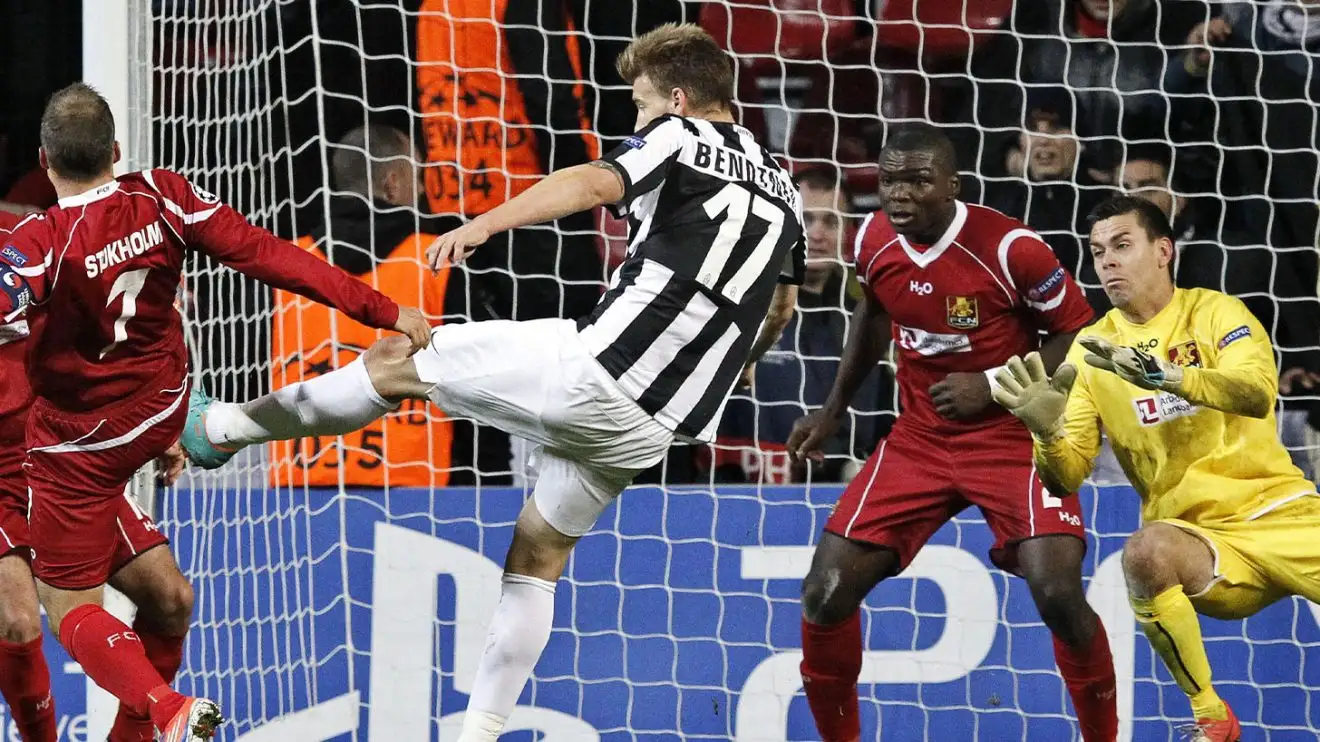 Nicklas Bendtner strikes a volley at goal while playing for Juventus in 2012/13