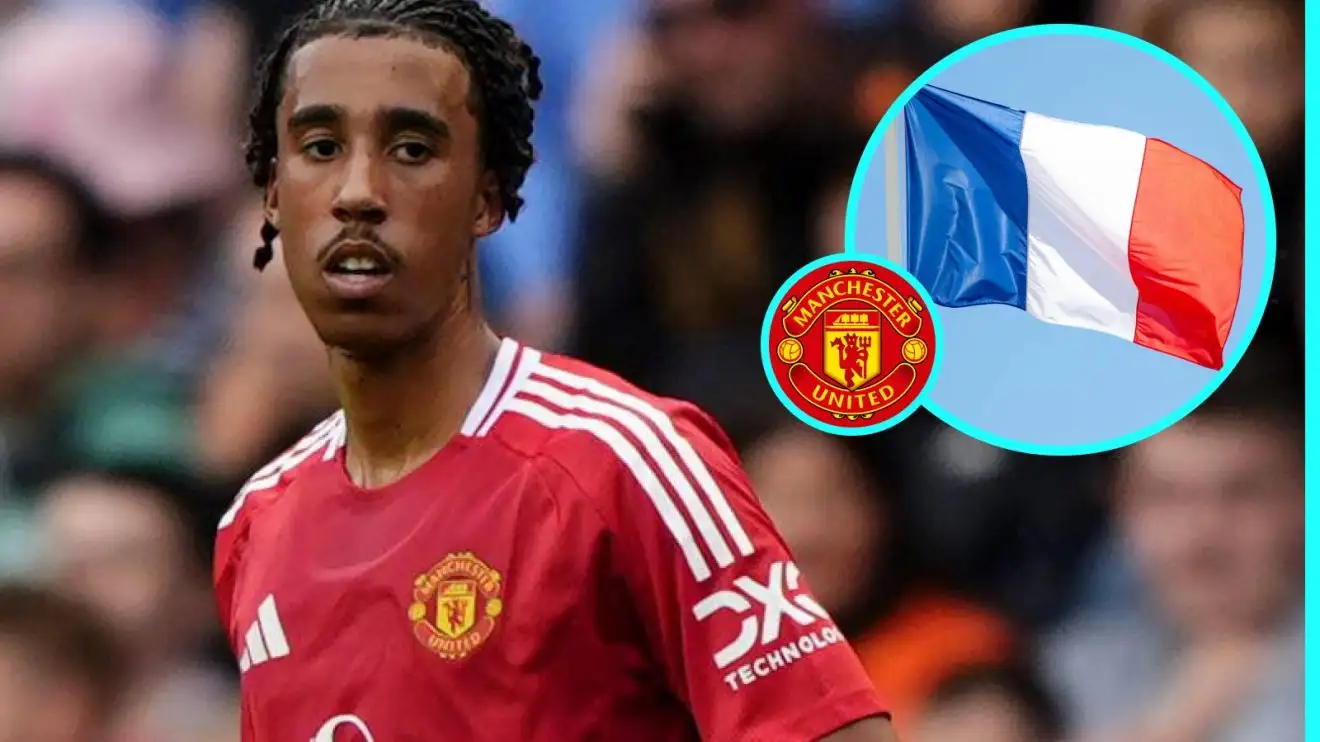 Leny Yoro, the French flag and the Man Utd badge.