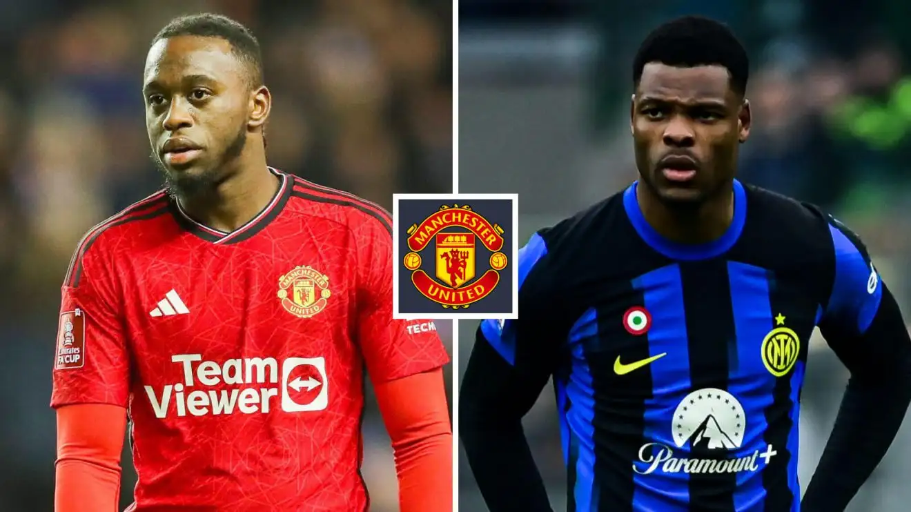 Person Utd protector Aaron Wan-Bissaka and Denzel Dumfries