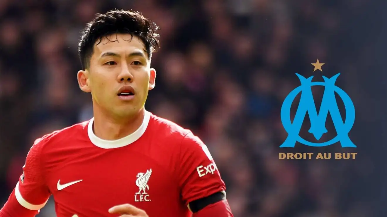 Liverpool midfielder Wataru Endo through the Marseille badge