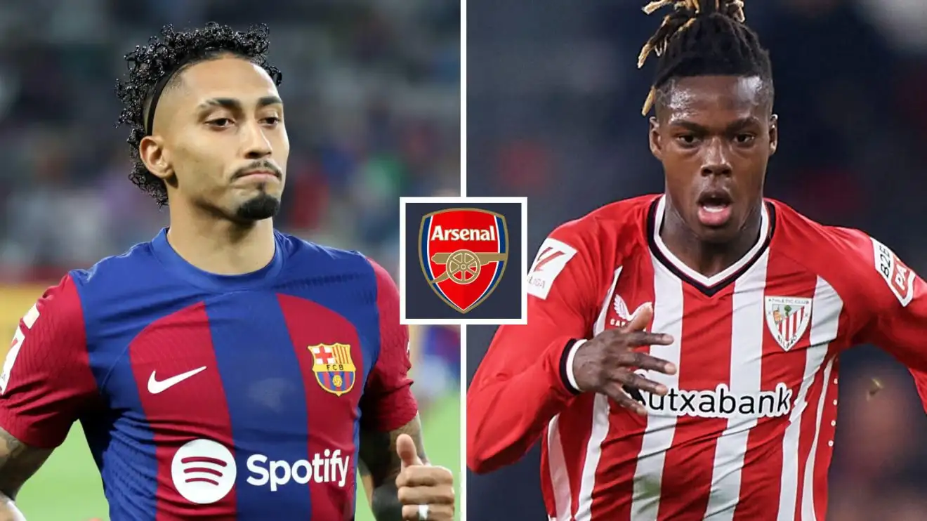 Mục tiêu chuyển nhượng của Arsenal là Raphinha và Nico Williams