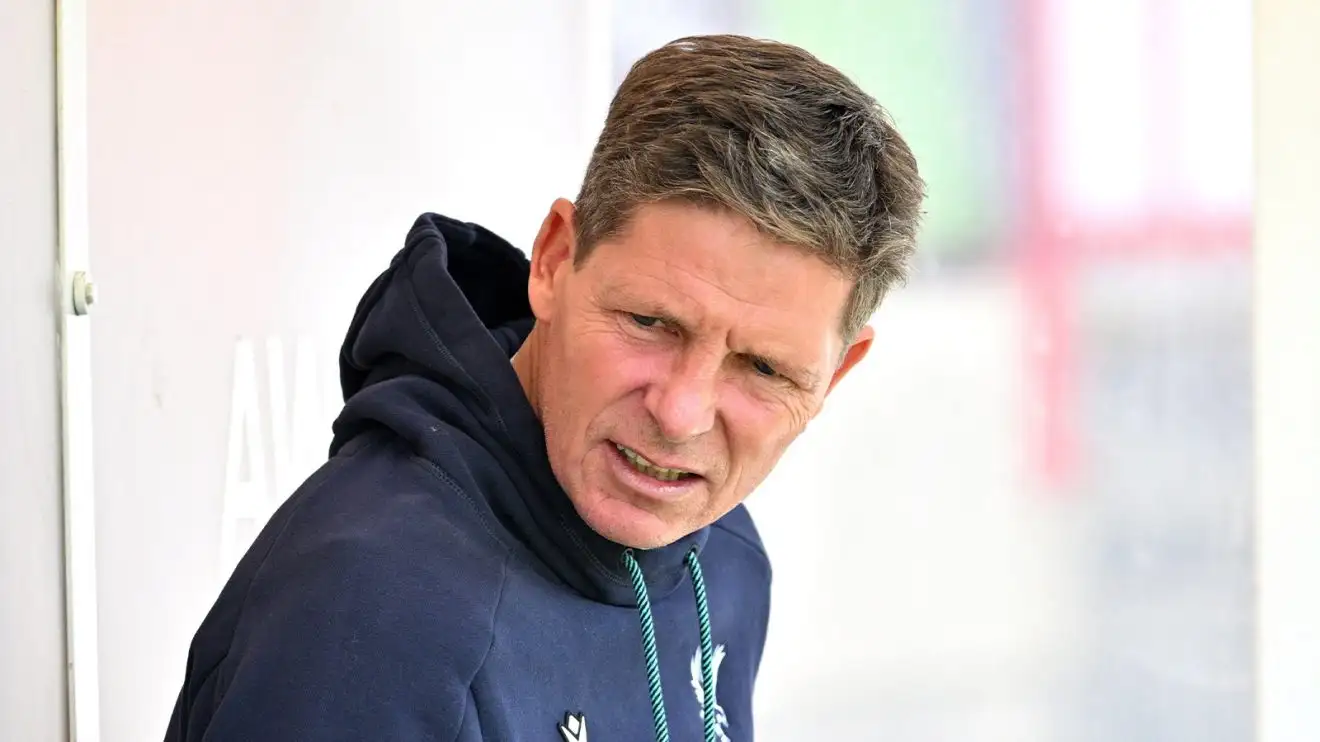 Crystal Palace employer Oliver Glasner, wearing a bar-branded hoodie