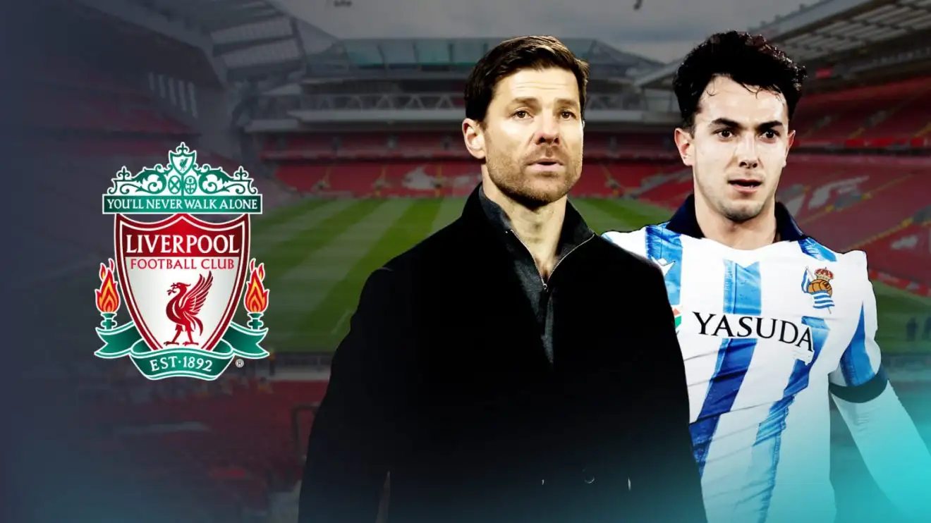 Martin Zubimendi và Xabi Alonso với huy hiệu Liverpool.