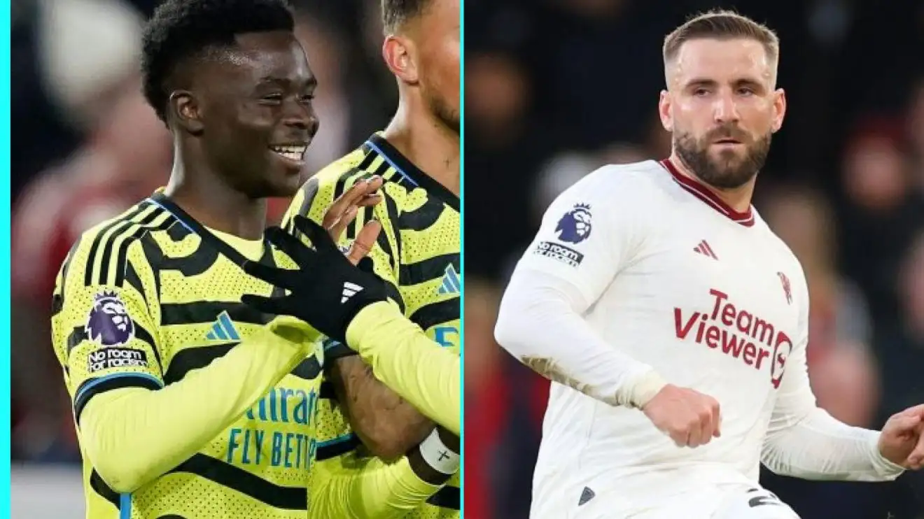 Cầu thủ chạy cánh Bukayo Saka của Arsenal và hậu vệ trái Luke Shaw của Man Utd