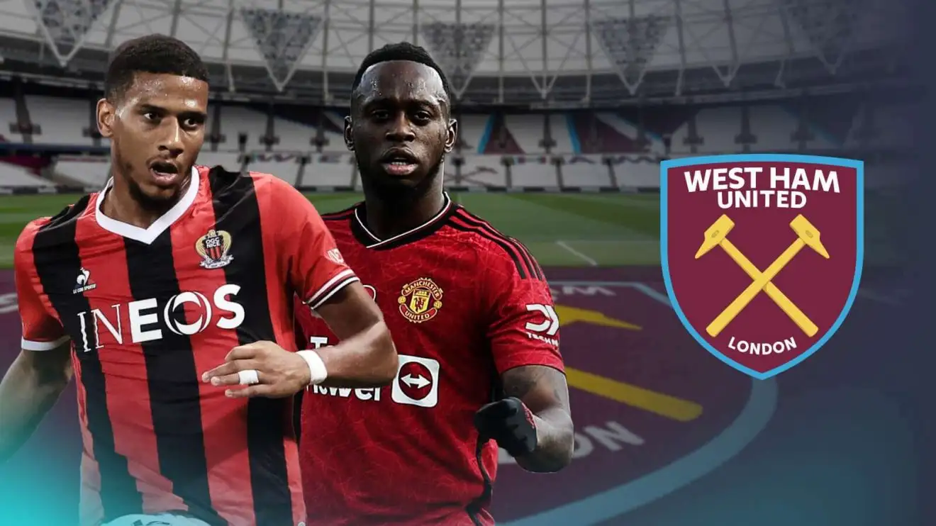 Aaron Wan-Bissaka và Jean-Clair Todibo với huy hiệu West Ham