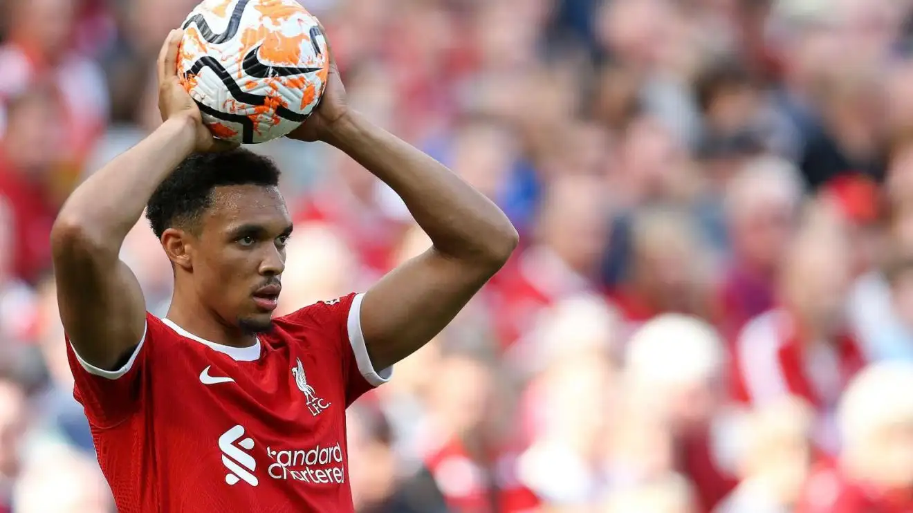 Liverpool correct-ago Trent Alexander-Arnold takes a throw-in