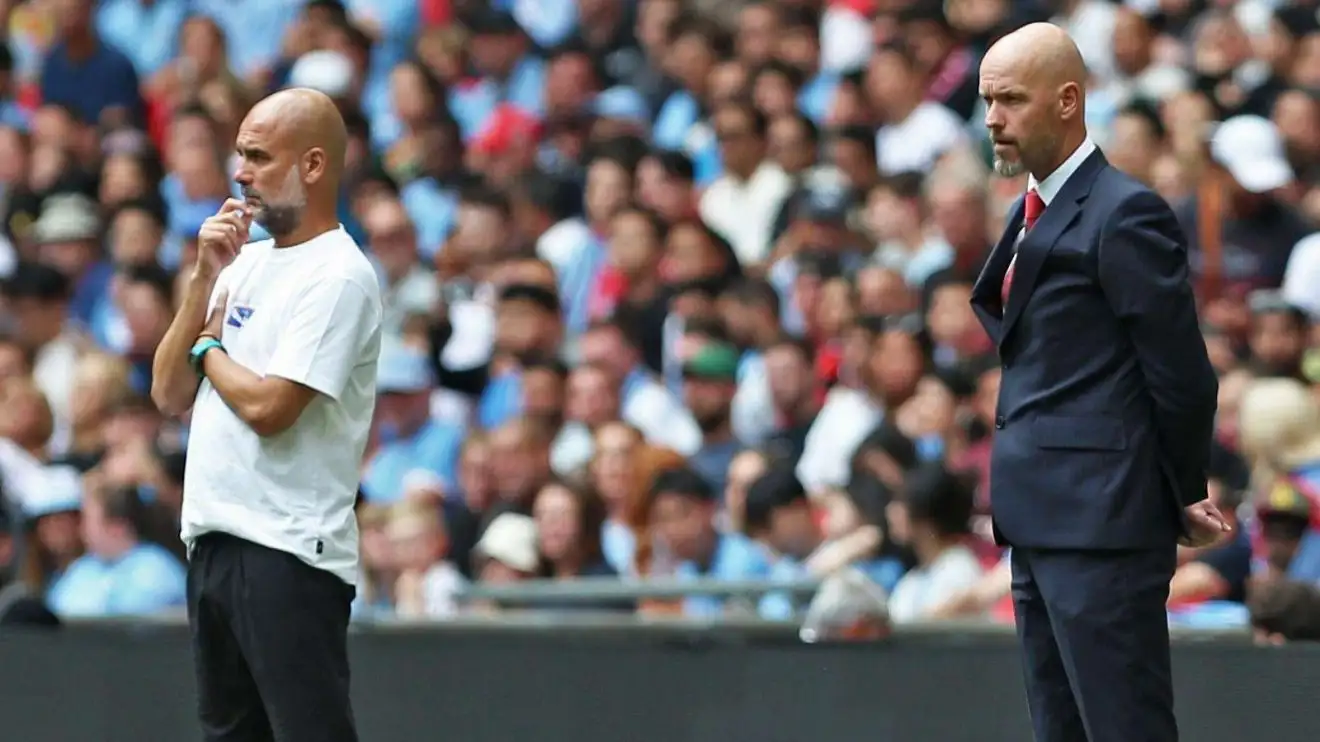 Man City 1-1 Man Utd (7-6 on pens): Premier League champions win Community Shield 1 c?url=https%3A%2F%2Fd2x51gyc4ptf2q.cloudfront.net%2Fcontent%2Fuploads%2F2024%2F08%2F10171149%2FErik ten Hag Pep Guardiola F365