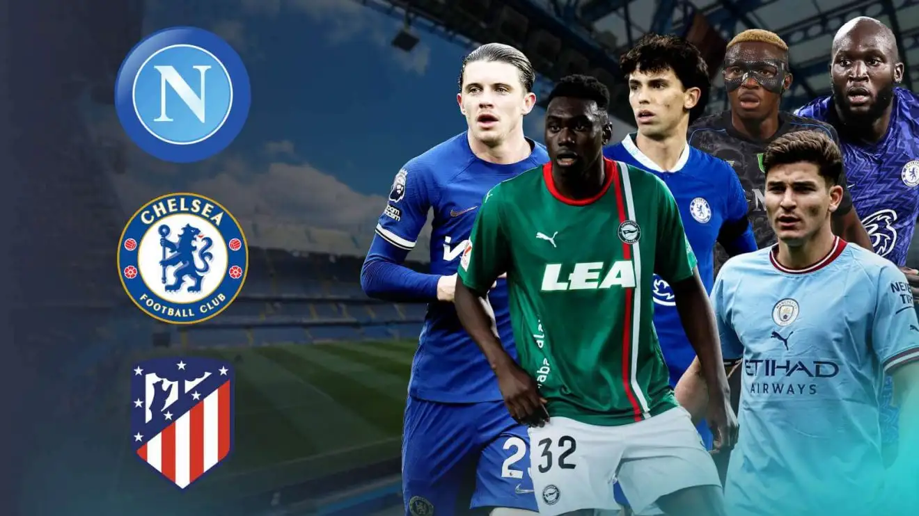 Romelu Lukaku, Victor Osimhen, Joao Felix, Samu Omorodion, Conor Gallagher and Julian Alvarez with the Napoli, Chelsea and Atletico Madrid badges