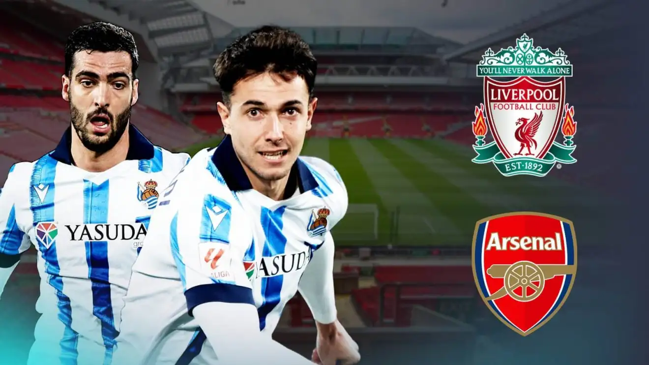 Martin Zubimendi and Mikel Merino with the Liverpool and Arsenal badges