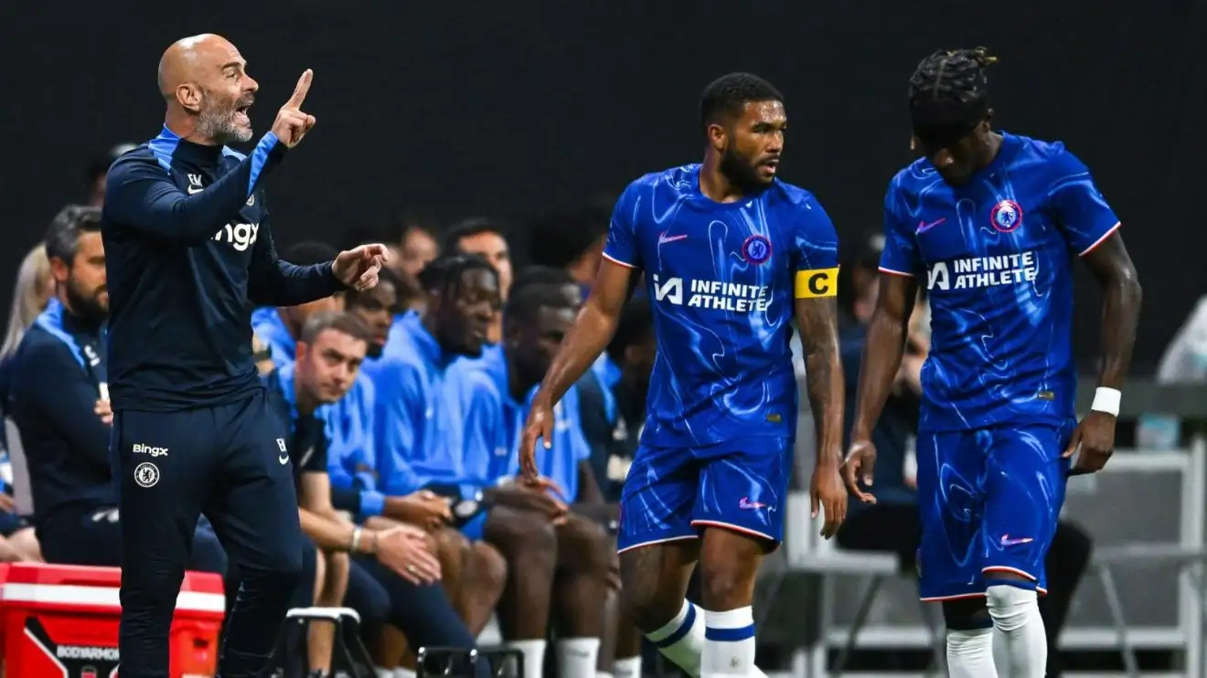 Chelsea head coach Enzo Maresca wearing players Reece James and also Noni Madueke