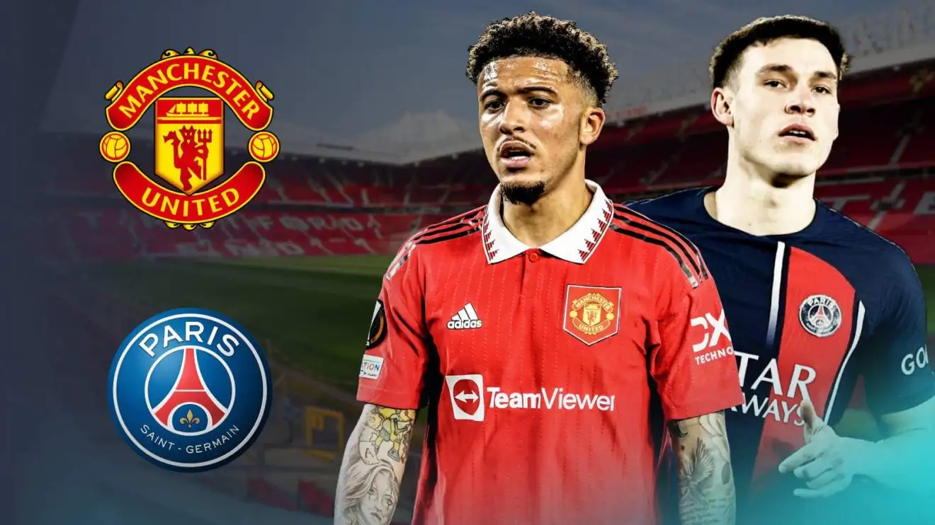 Jadon Sancho and also Manuel Ugarte via the Man Utd and also PSG badges