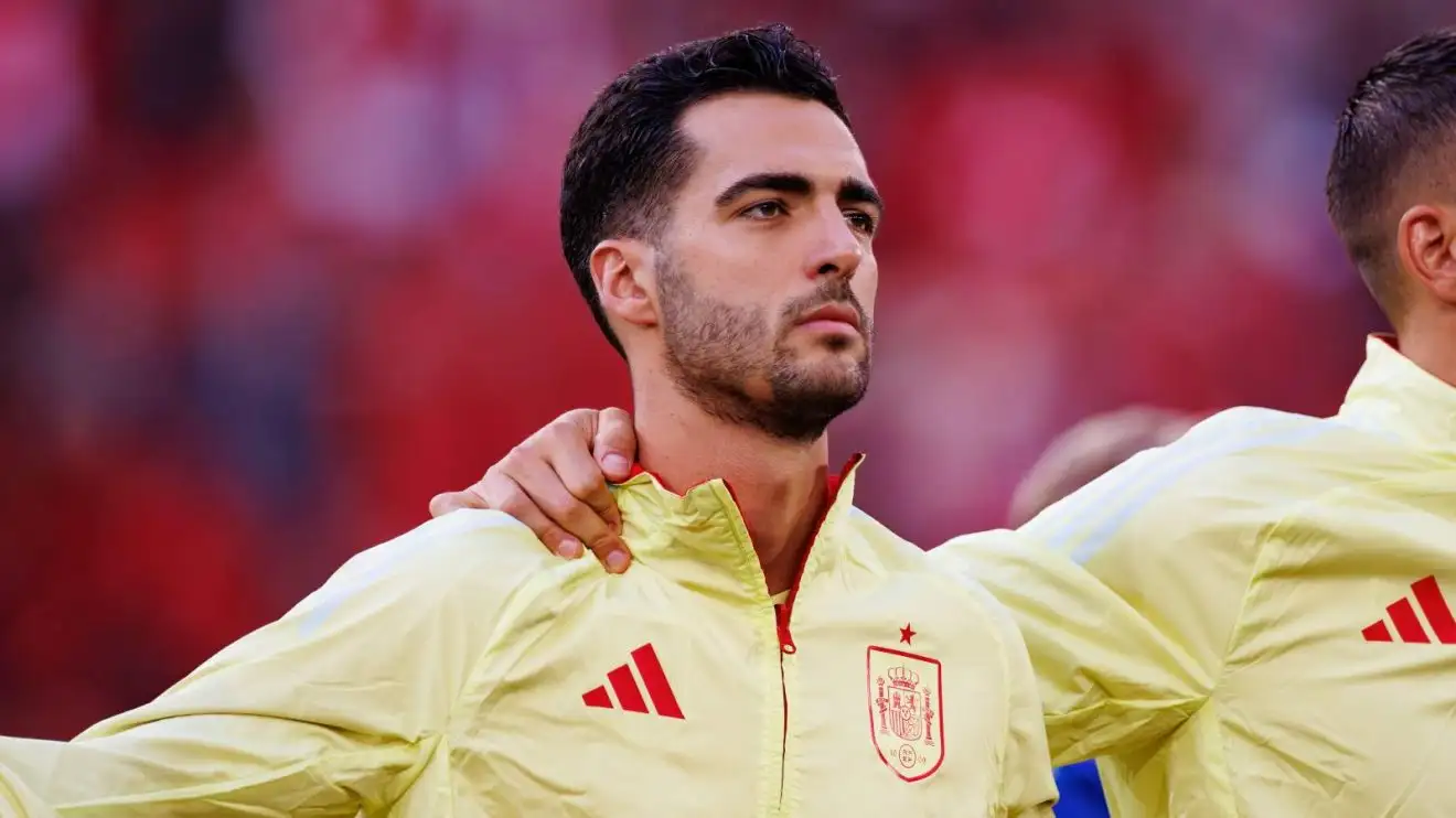 Arsenal transmit target Mikel Merino queues upward before a match for Spain