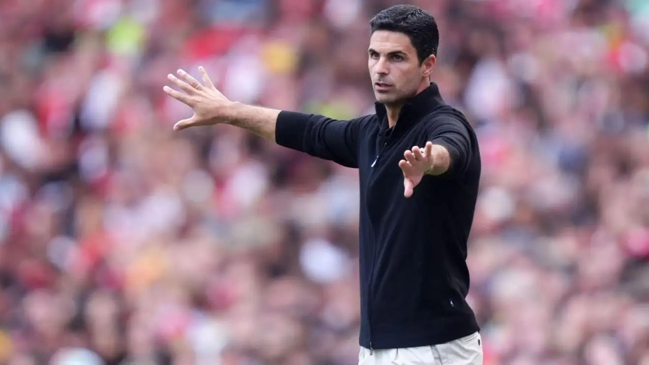 Arsenal manager Mikel Arteta motions during a match