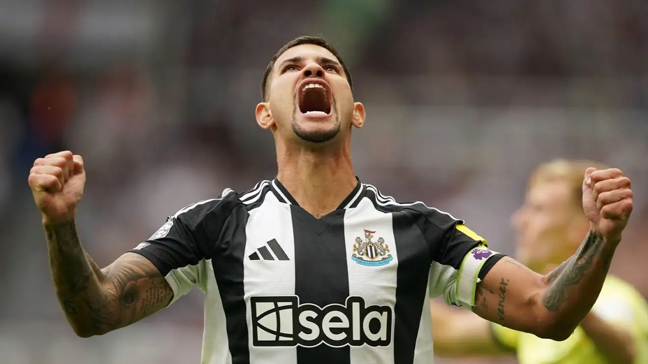 Bruno Guimaraes shouts into the air in delight while playing for Newcastle