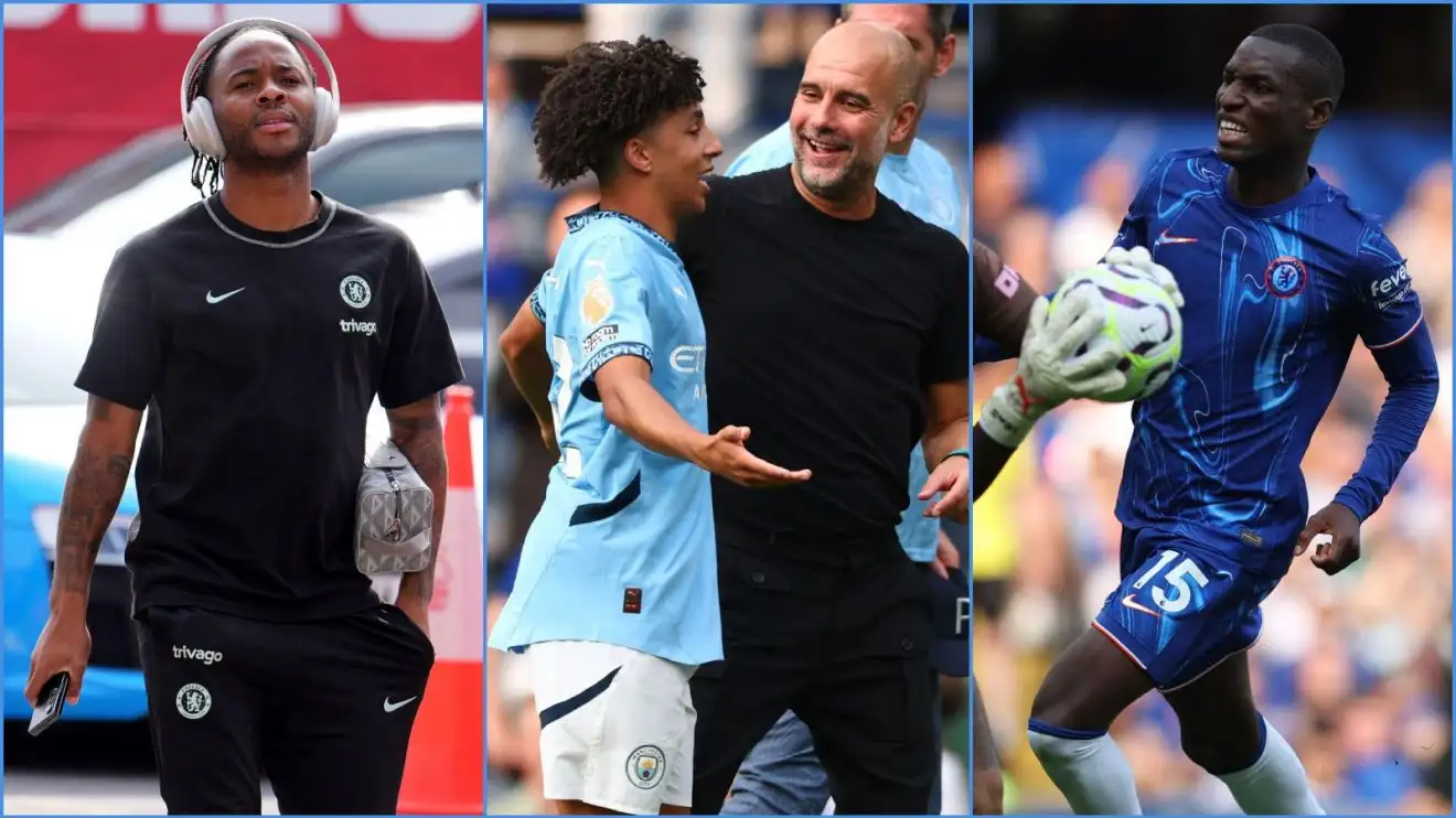Chelsea forwards Raheem Sterling and Nicolas Jackson, with Rico Lewis and Pep Guardiola of Manchester City