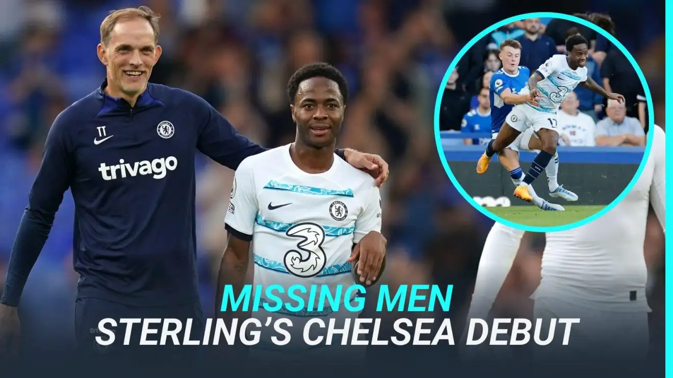 Thomas Tuchel và Raheem Sterling sau trận thắng Everton năm 2022.