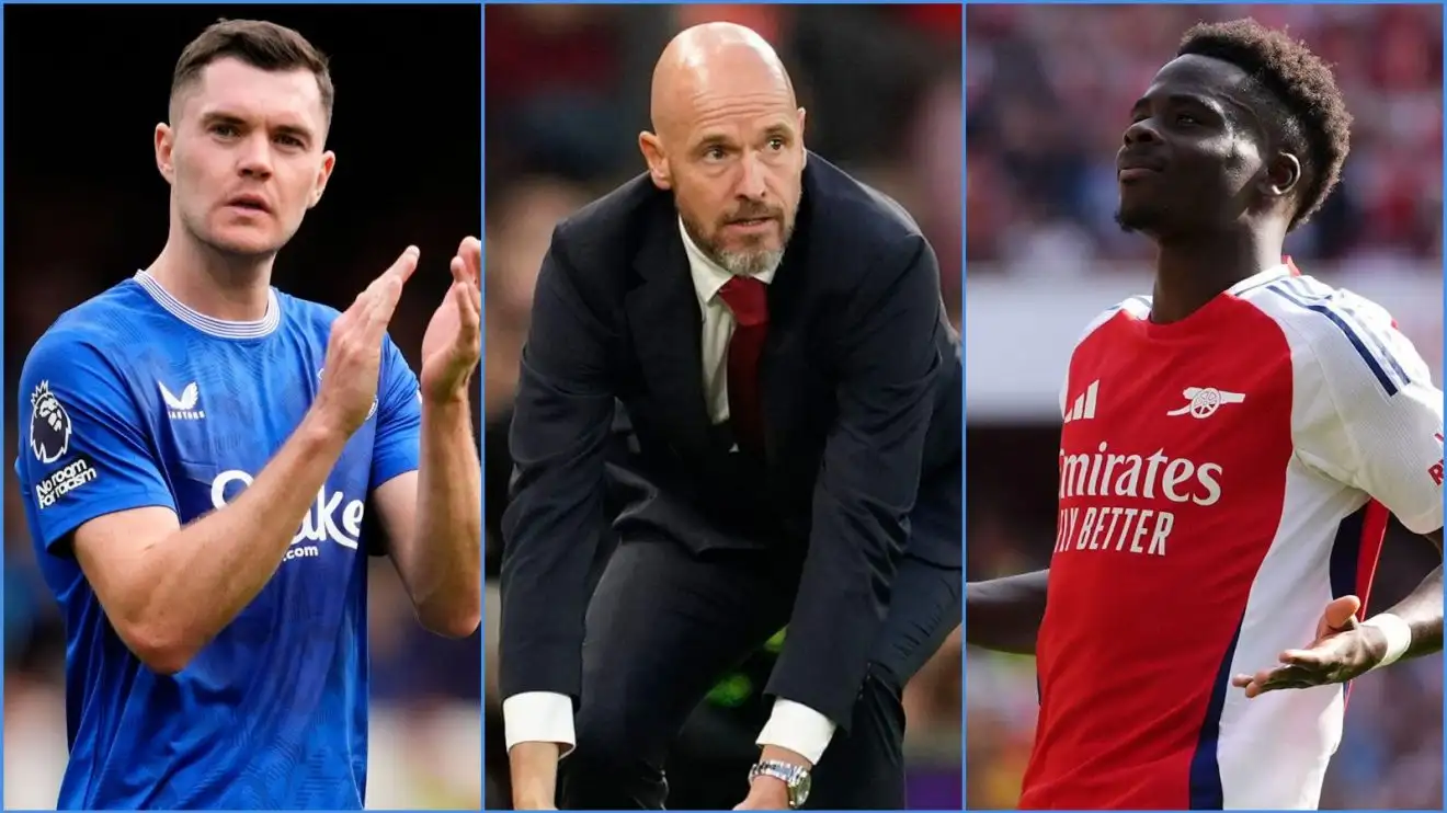 Everton defender Michael Keane, Manchester United manager Erik ten Hag and Arsenal forward Bukayo Saka