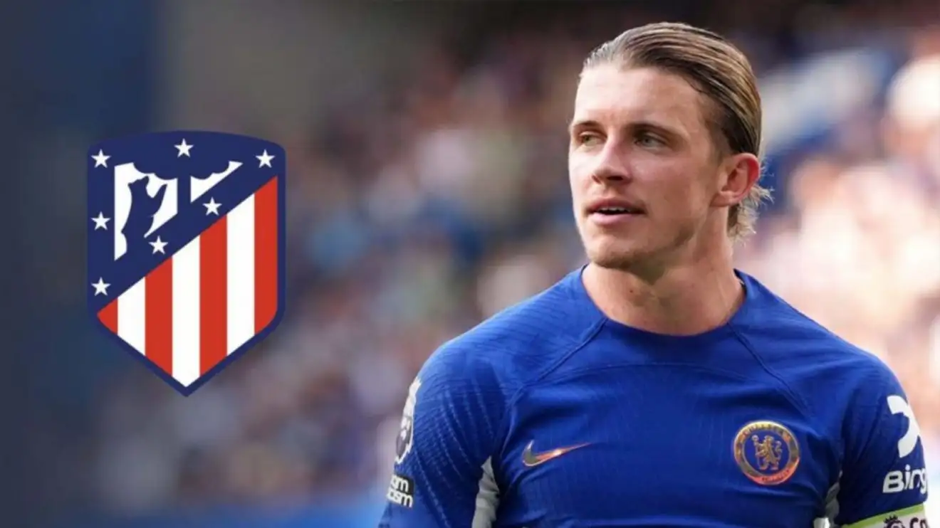 Chelsea midfielder Conor Gallagher with the Atletico Madrid badge