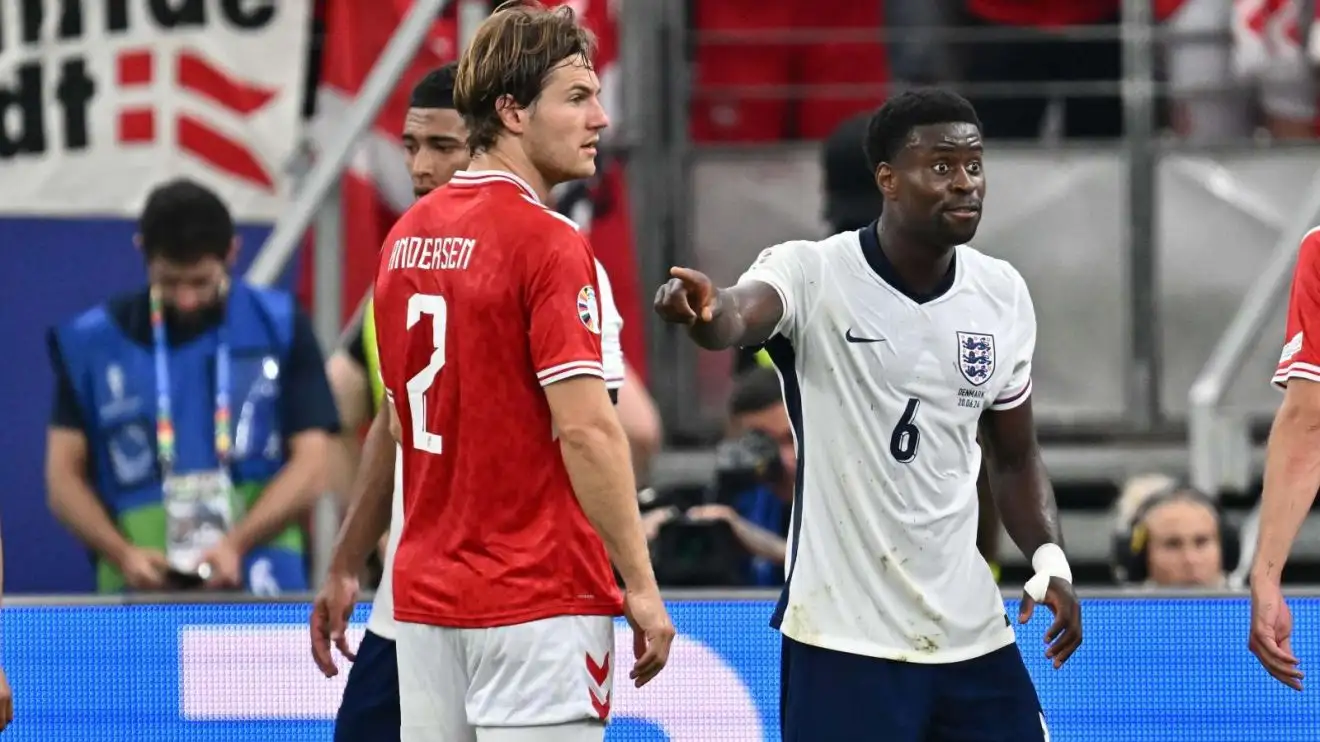 Marc Guehi and Joachim Andersen during a match between England and Denmark