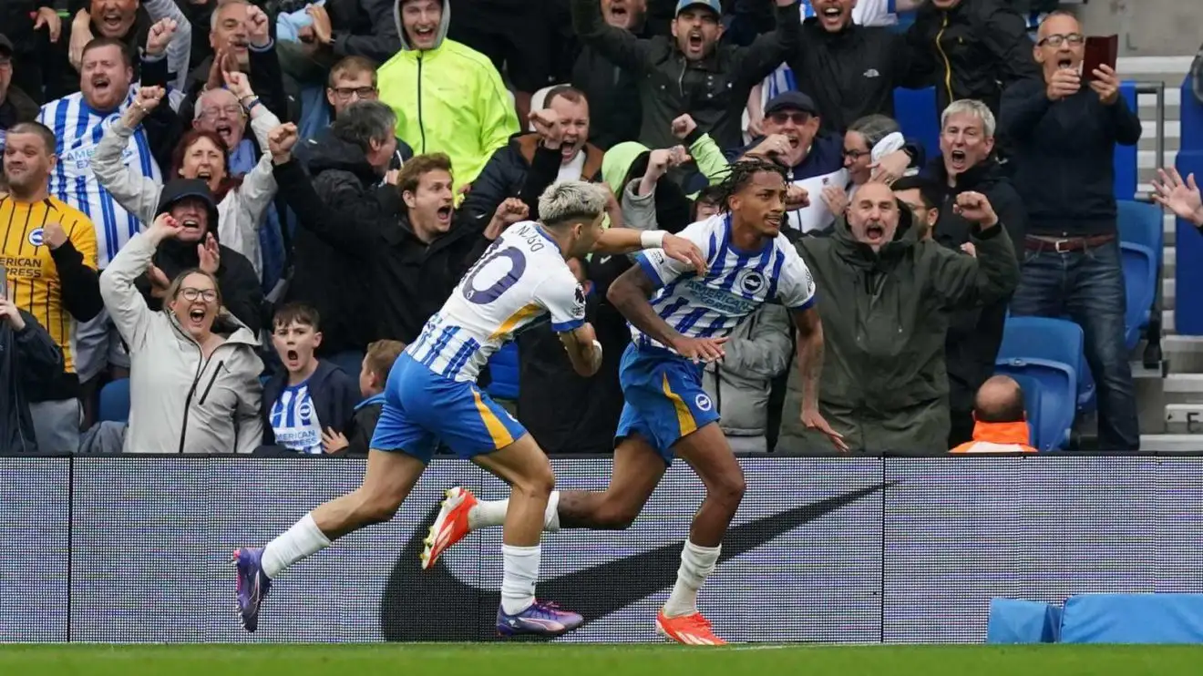 Brighton forward Joao Pedro celebrates his need against Man Utd