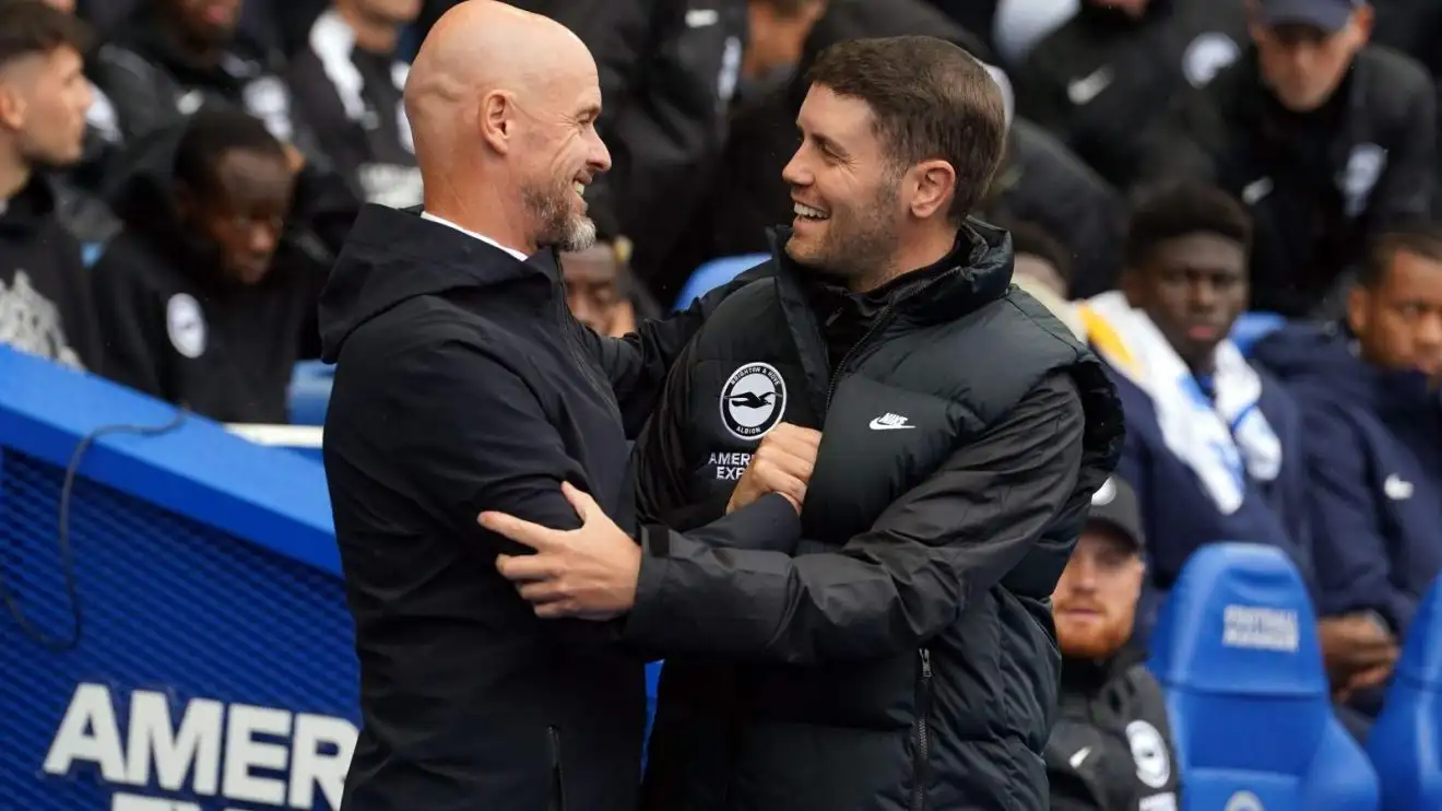 Ten Hag blames Man Utd trio for Brighton defeat as Red Devils boss launches 'trophies' defence 1 Brighton v Male Utd: Fabian Hurzeler hugs Erik 10 Hag previously a match