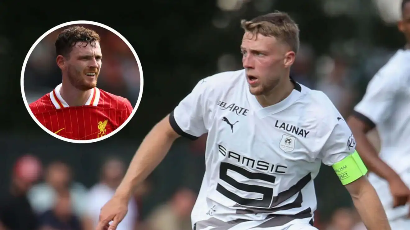 Adrien Truffert (Rennes) with Andrew Robertson (Liverpool)