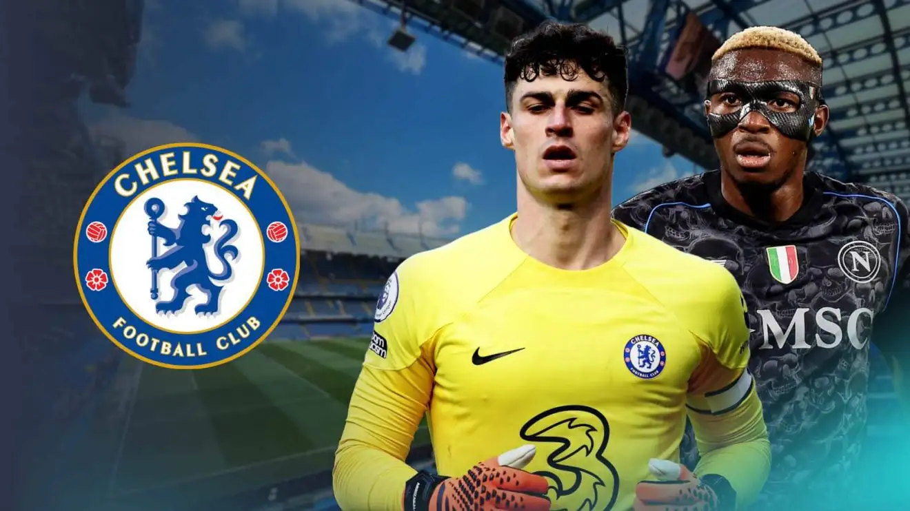 Victor Osimhen và Kepa Arrizabalaga với huy hiệu Chelsea