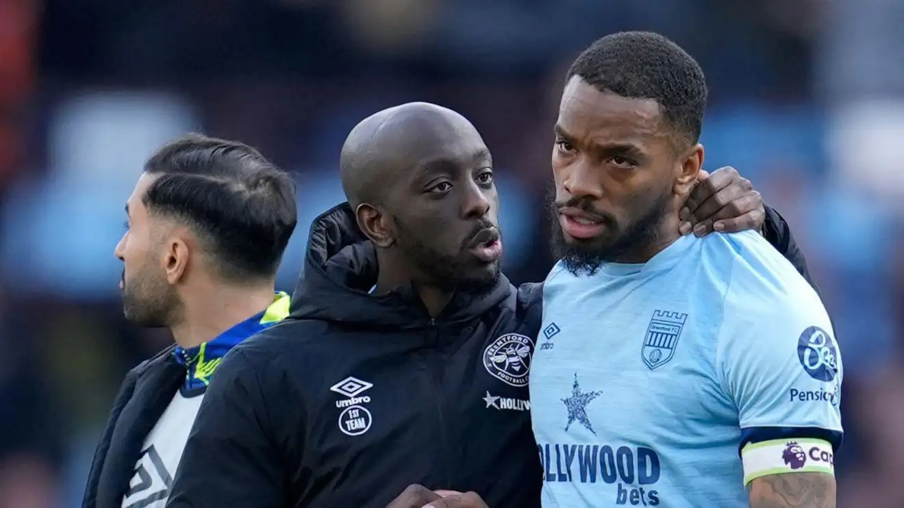 Brentford's Yoane Wissa (vacated) talks with Ivan Toney