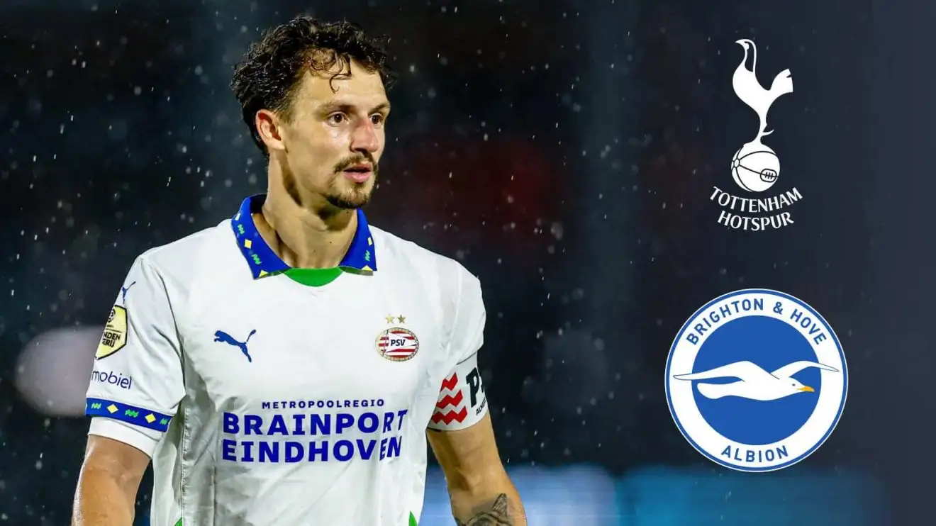 PSV defender Olivier Boscagli through the Tottenham and Brighton badges