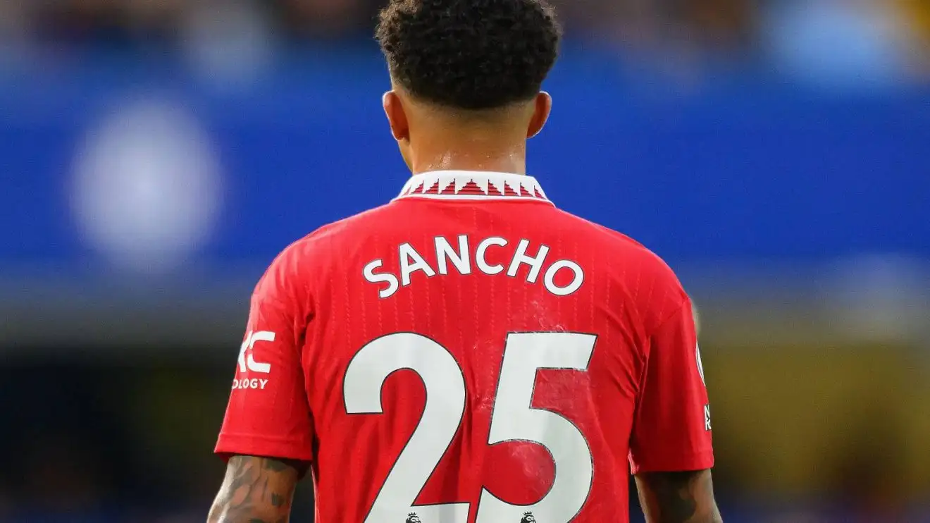 Individual Utd winger Jadon Sancho in solution throughout a match