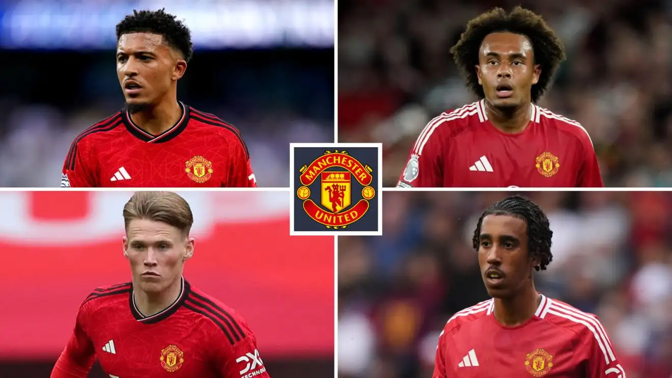 Male Utd players Scott McTominay, Jadon Sancho, Leny Yoro and Joshua Zirkzee