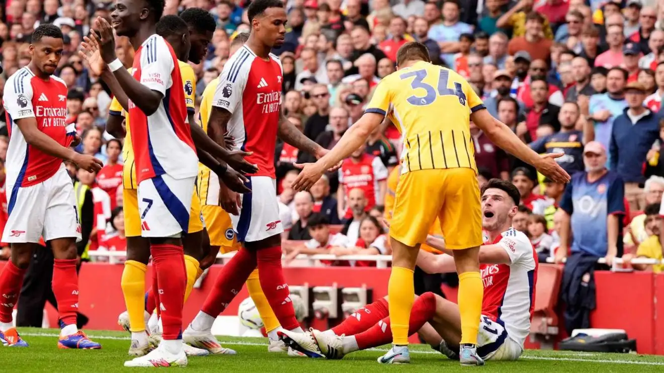Arsenal 1-1 Brighton: Gunners struggle after Rice red card as both teams remain unbeaten 1 Medley midfielder Declan Rice rests down after being kicked by Joel Veltman
