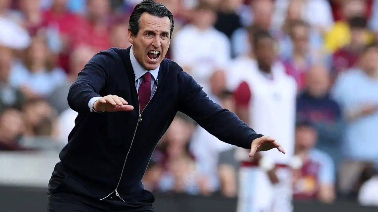 Aston Villa head coach Unai Emery gestures throughout a match