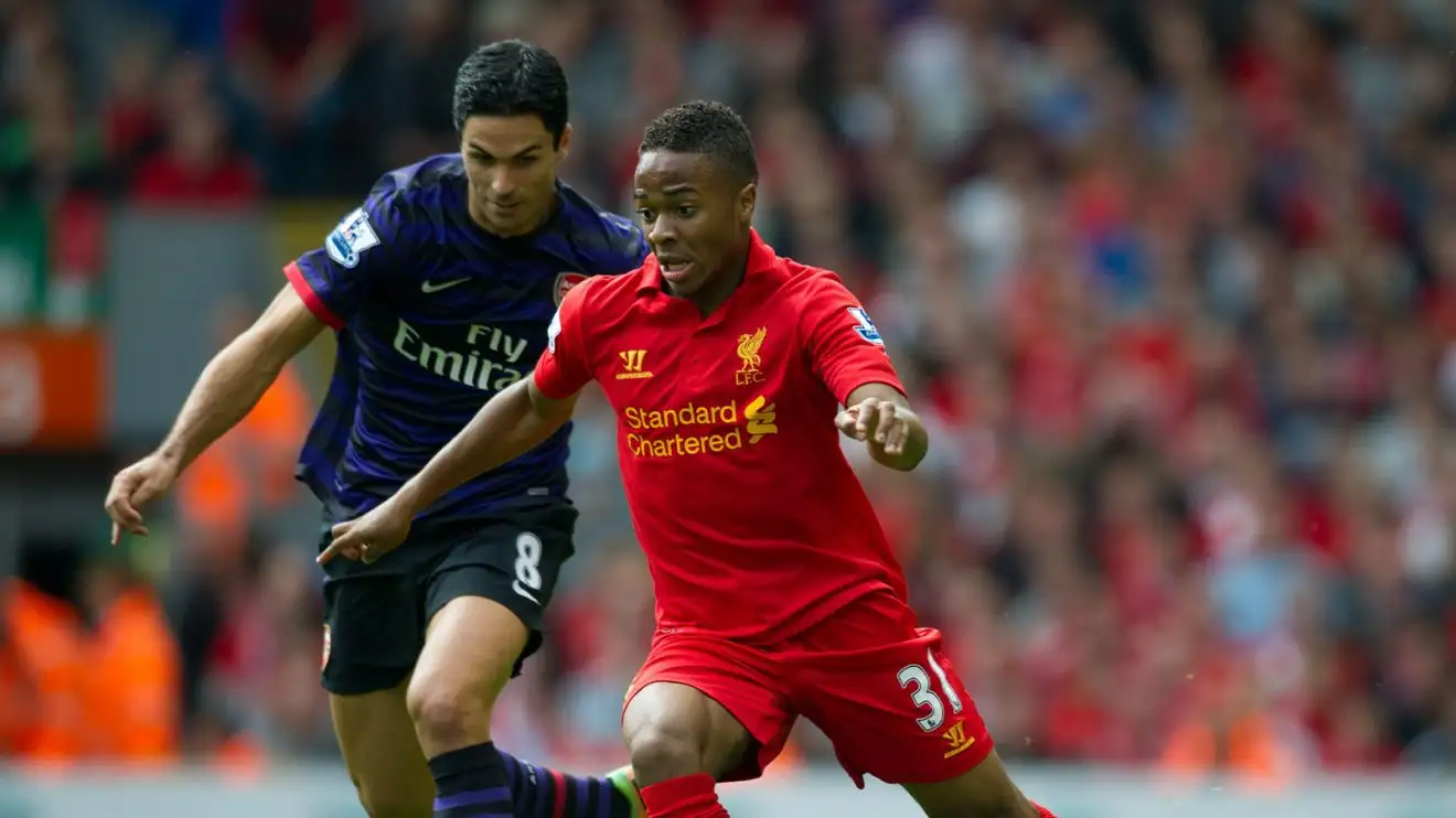 Mikel Arteta, playing for Medley, techniques then-Liverpool youngster Raheem Sterling from behind. They're playing football, to validate.