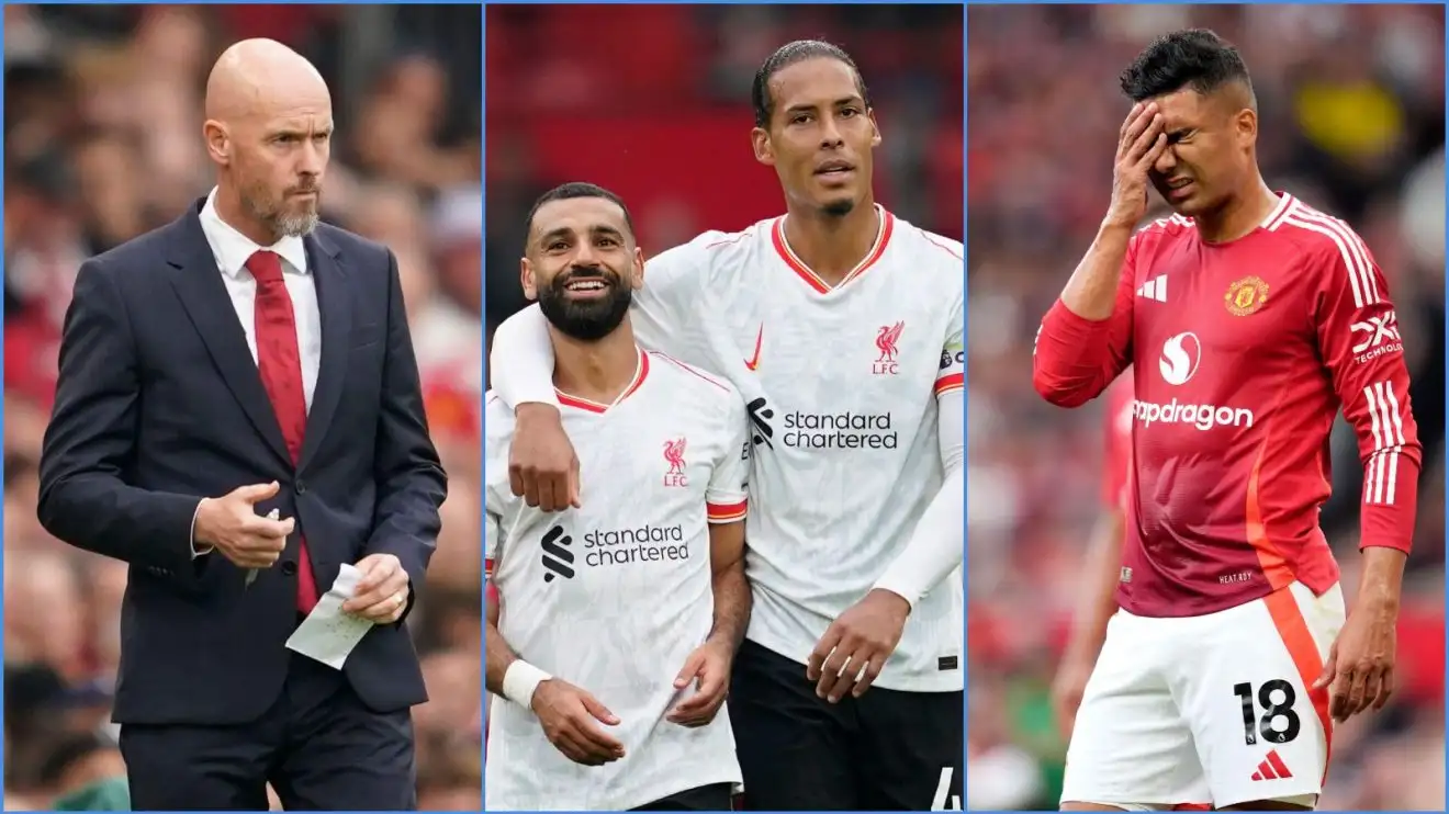 Manchester United manager Erik ten Hag, Liverpool players Mo Salah and Virgil van Dijk, and midfielder Casemiro