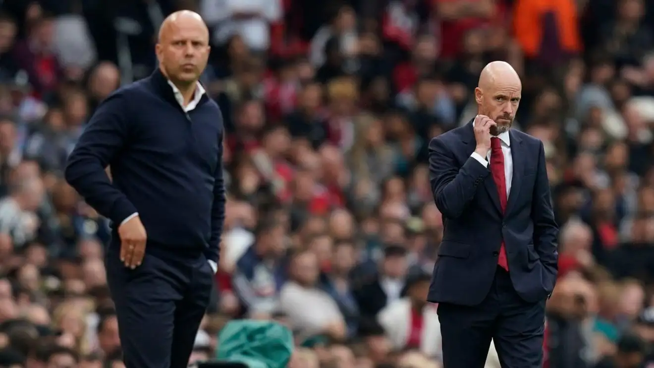 Ten Hag 'sack' calls grow louder as Manchester United fans yearn for Tuchel or Southgate 1 Liverpool head coach Arne Slot and Manchester United employer Erik ten Hag