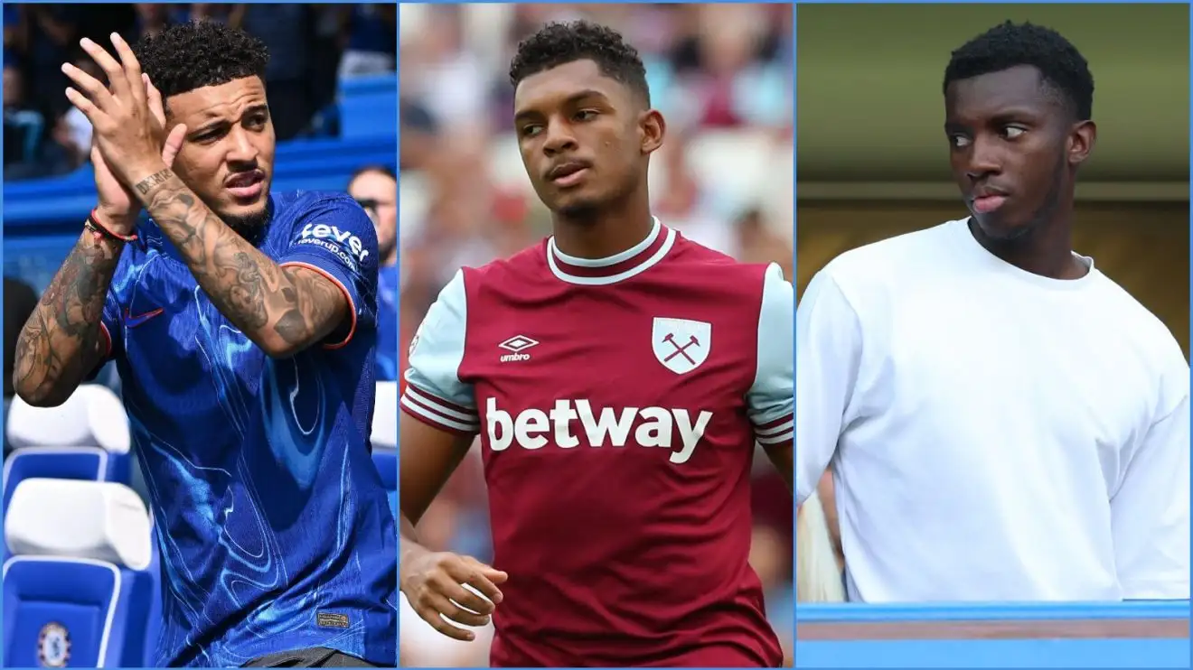 Chelsea forward Jadon Sancho, West Ham player Luis Guilherme and Eddie Nketiah of Crystal Palace