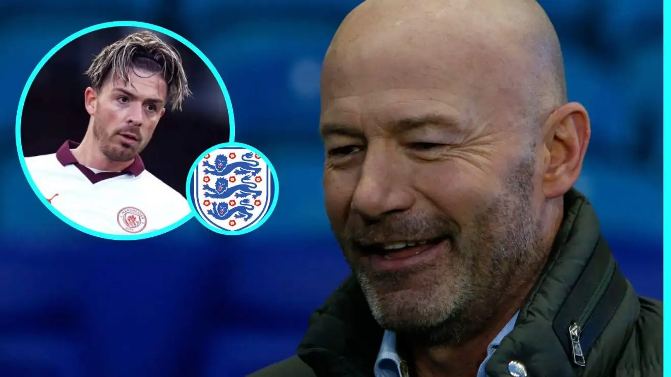 Alan Shearer và Jack Grealish với huy hiệu đội tuyển Anh